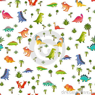 Baby dino seamless pattern. Animal dragon and cute nature dinosaur in jungle, childish bright texture for wallpaper Vector Illustration