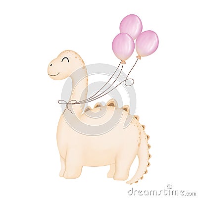 Watercolor baby dinosaur with balloons bunches clipart. Cartoon Illustration