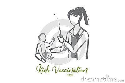 Baby, doctor, vaccine, medical, clinic concept. Hand drawn isolated vector. Vector Illustration