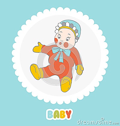 Baby doll in a cap with ruffles on light background Vector Illustration