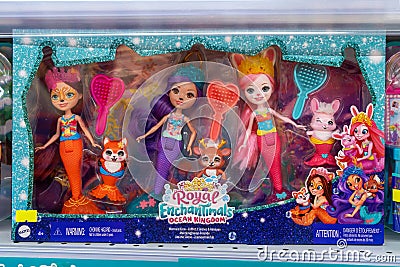 Baby dolls on the shelf of a toy store, manufactured by Mattel Inc. Minsk, Belarus, 2022 Editorial Stock Photo