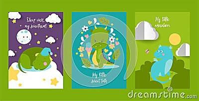 Baby dragon or dinosaur cartoon vector illustrations set. Cute childish dragon characters, baby dinosaur for kids Vector Illustration