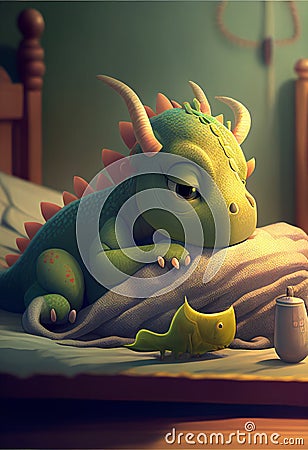 Baby dragon in his baby bed. AI generated. Stock Photo