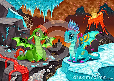 Baby dragons in a fantasy landscape with fire and ice Vector Illustration