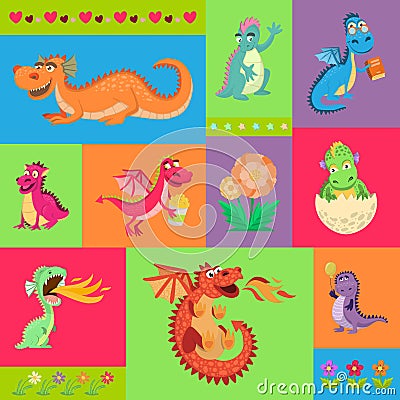 Baby dragons psattern vector illustration. Cartoon funny little sitting and flying dragons with wings. Fairy dinosaurs Vector Illustration