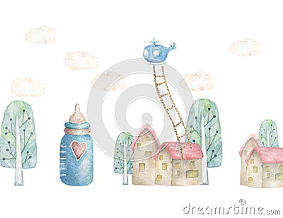 Baby dream land with treen and little house, helicopter nad strairs. Children illustration. Watercolor cute town. White background Cartoon Illustration