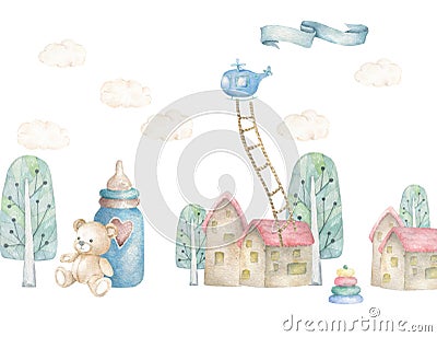 Baby dream land with treen and little house, helicopter nad strairs. Children illustration. Watercolor cute town. White background Cartoon Illustration