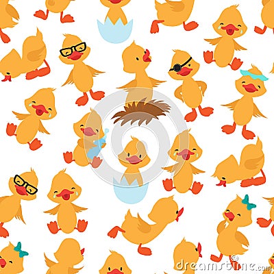 Baby duck seamless pattern. Cute ducklings kids album vector wallpaper Vector Illustration
