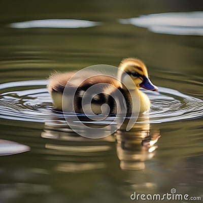 A baby duckling swimming in a pond, with its mother duck nearby5 Stock Photo