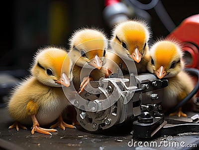 Baby ducks playfully welding with toy tools Stock Photo