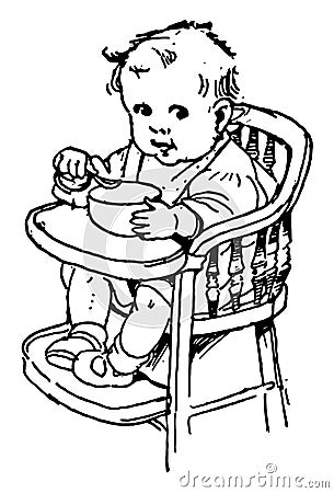 Baby eating out of a bowl on his high chair in this picture, vintage engraving Vector Illustration