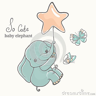 Baby elephant with butterfly flying on baloon, illustration, cute animal drawing Vector Illustration