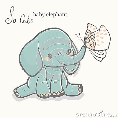 Baby elephant with butterfly illustration, cute animal drawing Vector Illustration