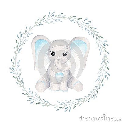 Baby elephant in floral frame front view hand drawn raster illustration Cartoon Illustration