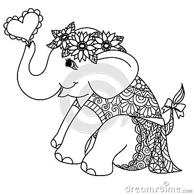 Baby girl elephant wearing sunflower wreath and mandala dress for printing on card,coloring book,coloring page,laser cut,engraving Vector Illustration