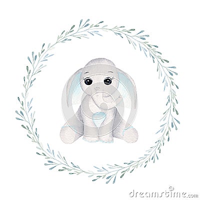 Baby elephant in herbal frame hand drawn raster illustration Cartoon Illustration