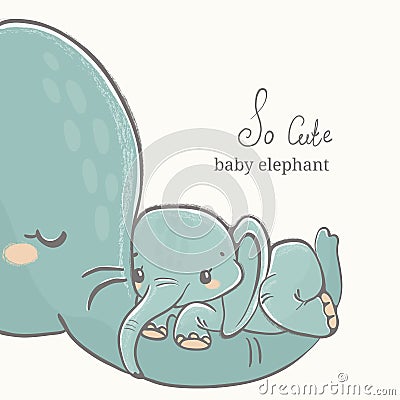 Baby elephant with his mother drawing, cute family illustration Vector Illustration