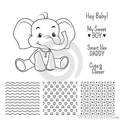 Baby elephant outline design with seamless patterns Vector Illustration