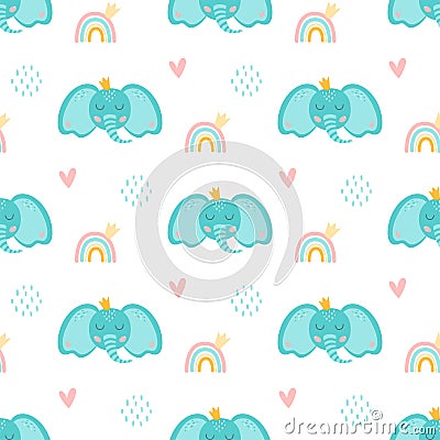 Baby elephant pattern. Sweet elephant patterns Cartoon blue elephant head with crown, rainbow, cute animal. Cartoon Illustration