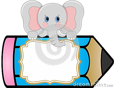 Baby elephant with pencil personalized label sticker Vector Illustration