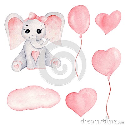 Baby elephant and pink balloons hand drawn watercolor illustrations set Cartoon Illustration