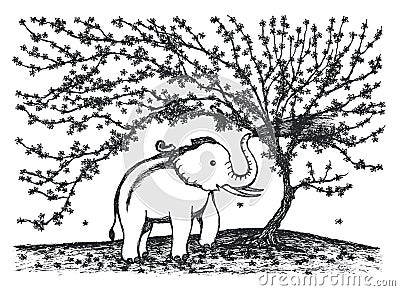 Baby elephant playing water under flower tree illustration design Cartoon Illustration