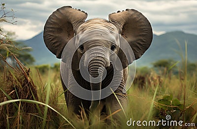 Baby elephant walks on green grass, baby wild animals image Stock Photo