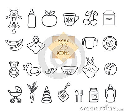 Baby Equipment. Set of Line Icons: Toys, Food, Eat, Crockery. Vector Illustration