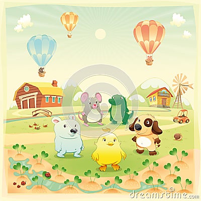 Baby farm animals in the countryside. Vector Illustration