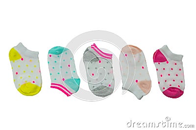 Baby fashion. Close-up of colorful collage set of baby socks isolated on white background Stock Photo