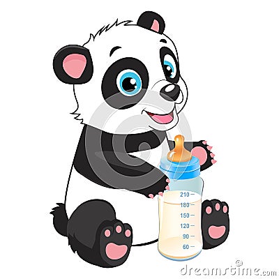 Baby Feed Theme. Cute Baby Panda With Feeding Bottle. Vector Illustration