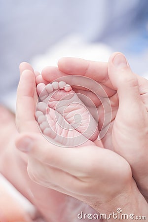 Baby feet in mother's hands Stock Photo