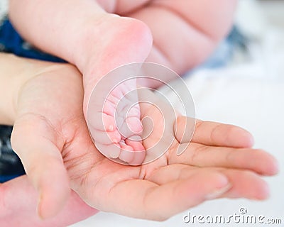 Baby feet in mothers hands Stock Photo