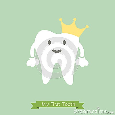 Baby first tooth, tooth is wearing golden crown Vector Illustration