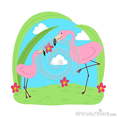 Baby flamingo playing with mother with flower on grass Vector Illustration