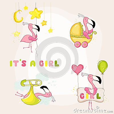 Baby Flamingo Set - Baby Shower or Arrival Card Vector Illustration