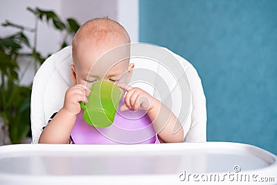 Baby food. little caucasian child drinks water from green plastic cup on highchair. Newborn infant kids Stock Photo