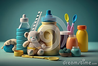 Baby food and milk bottle with kids accessories. AI generation Stock Photo