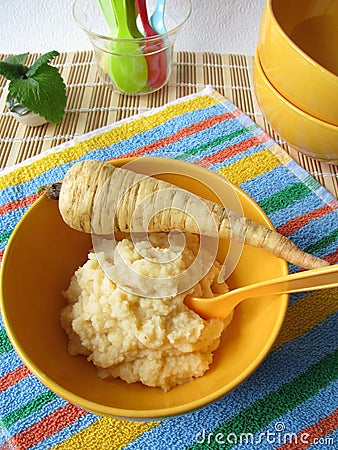 Baby food from parsnips Stock Photo