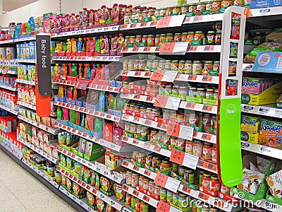 Baby food shelf in a store. Editorial Stock Photo