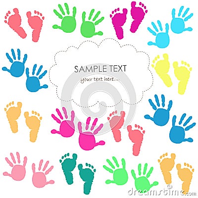 Baby foot print and hands kids colorful greeting card Vector Illustration