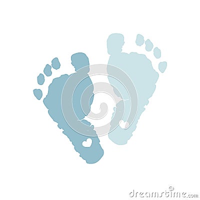 Baby foot prints. Baby boy. Blue colored. Baby boy foot print with heart. Baby shower greeting card. Foot steps Vector Illustration