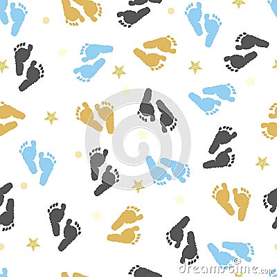 Baby foot prints with gold shining stars. Seamless pattern for fabric design Stock Photo