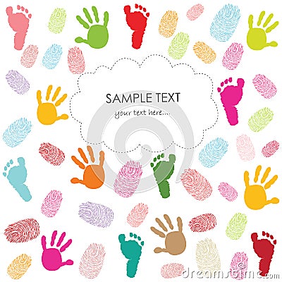 Baby footprint, hand prints and finger prints kids greeting card vector illustration Vector Illustration