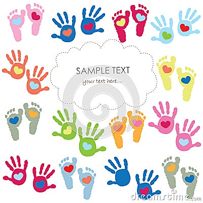 Baby footprint and hands kids colorful greeting card vector Vector Illustration