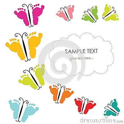 Baby footprints and butterfly greeting card Vector Illustration