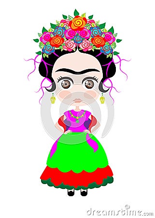 Baby Frida Kahlo with crown of colorful flowers, Kokeshi doll style, cartoon doll in typical ethnic Mexican clothes for children, Vector Illustration