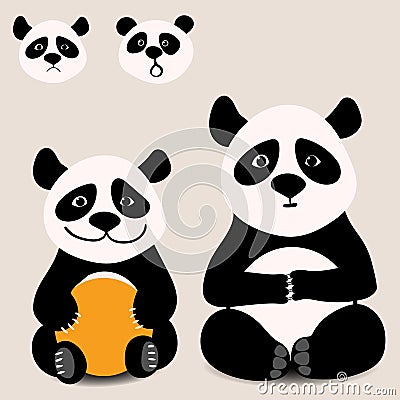 Baby funny cartoon bear panda sitting with various emotions Vector Illustration