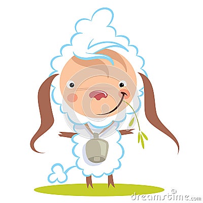 Baby funny cartoon sheep with a big bell graze grass Vector Illustration