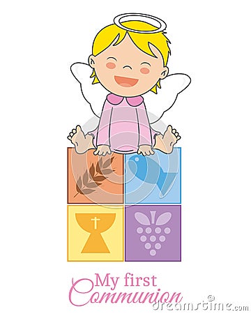 Baby girl angel sitting on religious icons Vector Illustration